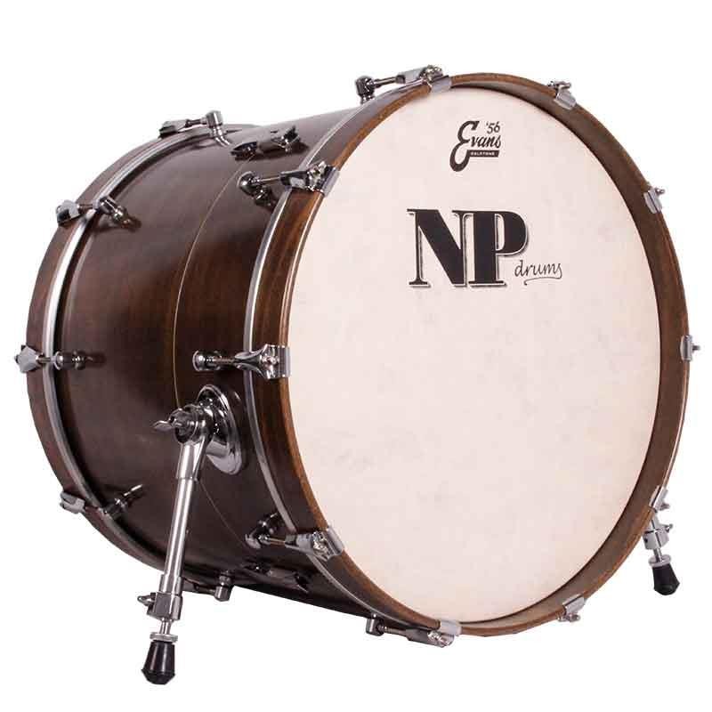 BASS DRUM TRAVEL CROME 20"X16" HELMET TINTED GLAZING WALNUT RINGS GLAZED WALNUT